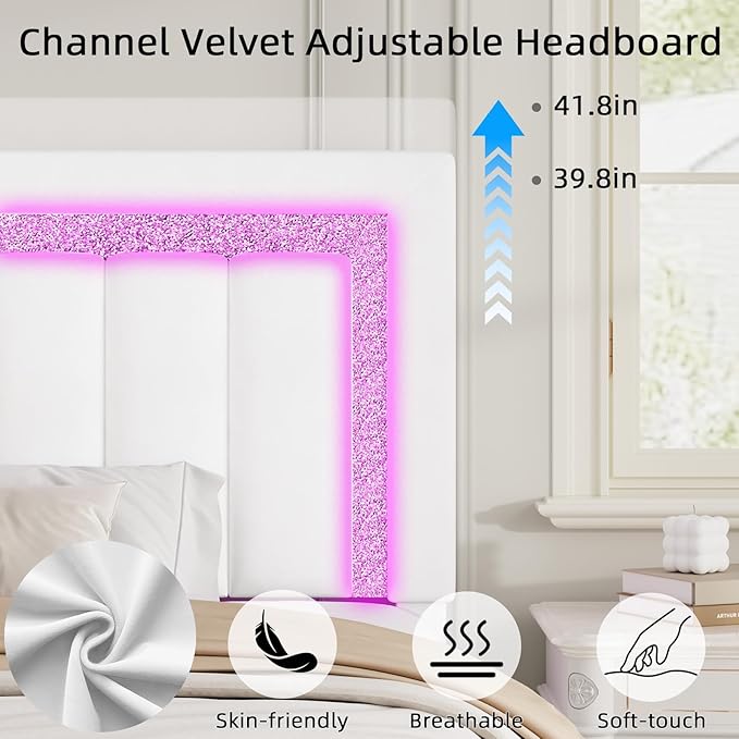 HOMBCK Full Bed Frame with LED Lights and Velvet Upholstered Headboard, Bed Frame Full Size with Modern Diamond Headboard Adjustable, Wooden Slats Support, Noise Free, No Box Spring Needed, White