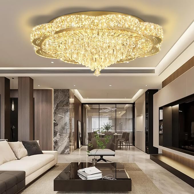 Modern Empire Crystal Chandelier Gold 32inches Crystal Raindrop Ceiling Light for Living Room Bedroom LED Infinity Dimmable 3000-6000K