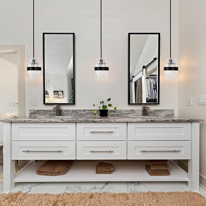 Pendant Light Fixtures, 7inch Modern Glass Pendant Lighting, Black Kitchen Island Lights, Height Adjustable Pendant Lighting (Matte Black, 2 Pack)