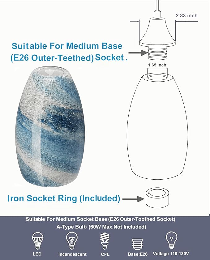 Oval Glass Pendant Lamp Shade - Grey Blue Art Glass Light Covers for Kitchen Island Pendant Light Fixtures Replacement