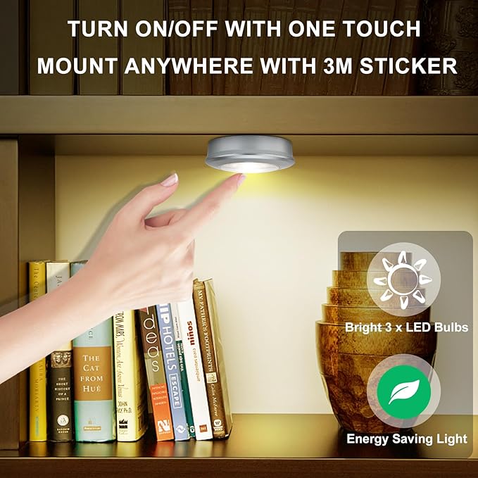 LUXSWAY LED Puck Lights, Battery Operated Mini Push Light, LED Under Cabinet Lighting, Stick on Light, Kitchen Closet Counter Night Lights (Included 9 AAA Batteries, 3-Pack,Silver)