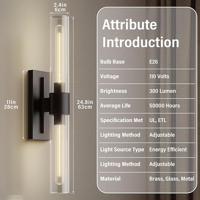 Black 22.8" Sconces Wall Lighting,Bathroom Vanity Lights Fixtures with Clear Glass Shade Wall Lamp for Mirror, Living Room, Bedroom, Hallway, Fireplace, Staircas（Including Bulb）