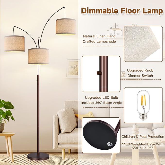 Dimmable Floor Lamp, 3 Lights Brown Arc Floor Lamps for Living Room, Modern Tall Standing Tree Lamp with Beige Linen Shade & Heavy Base, Large Floor Lamp for Bedroom Office, 3x1000 LM Bulbs Included