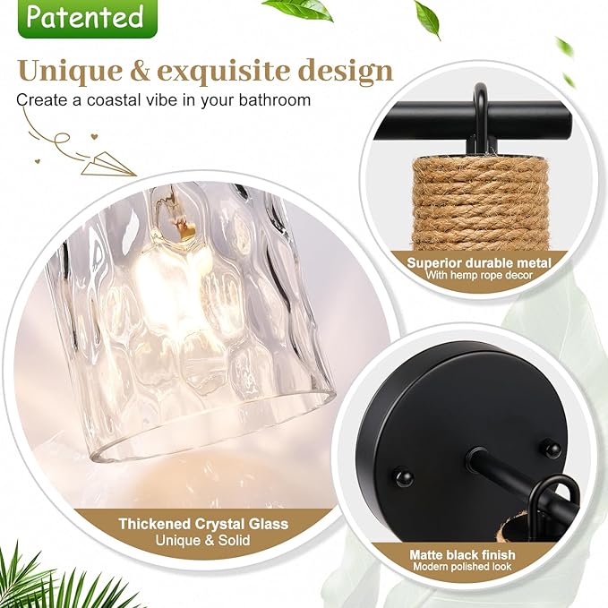 Set of 2 Wall Sconces for Bathroom, Coastal Modern Vanity Lights with Clear Glass Shade, Black Bathroom Wall Lamp for Mirror Kitchen Living Room Hallway Cabinet Porch