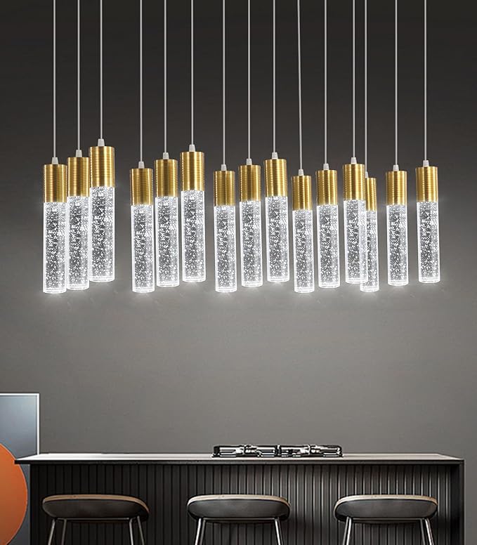 15-Lights Modern LED Pendant Lighting Fixture for Kitchen Island Crystal Chandelier Light Fixtures for Dining Room Living Room Gold