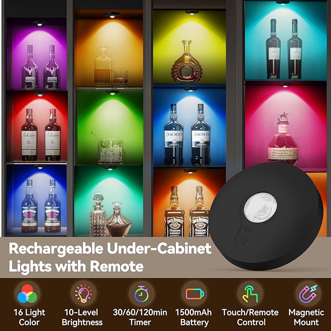Yiliaw Rechargeable Puck Lights with Remote, Magnetic Under Cabinet Lighting, 1500mAh Battery Operated LED Lights for Kitchen, Closet, Shelf - 3 Color Temps & 12 RGB, Black, 3 Pack