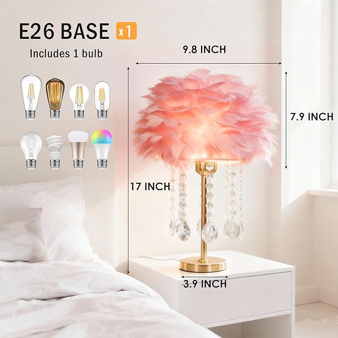 Pink Feather Lamp Cute Romantic Goose Feather Table Lamp Furry Nightstand Light with Gold Base and Crystal, Bedside Lamp for Girl Bedroom Wedding Living Room Hotel Decorative