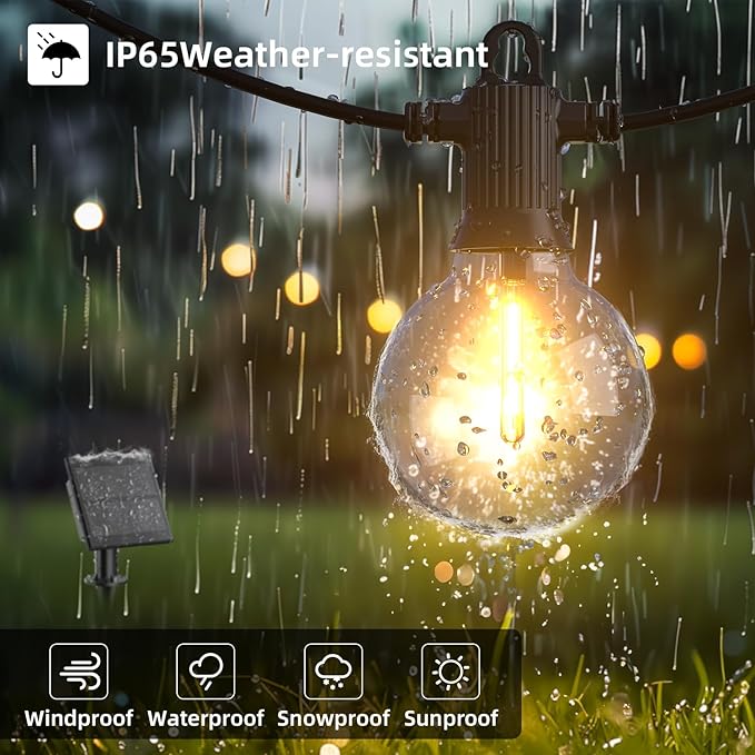 Kawaya Solar Powered String Lights for Outside, Outdoor IP65 Waterproof LED Patio Light with USB-Charging, Shatterproof Edison Hanging Lights for Bistro Yard Cafe Porch Camping (Solar-Powered 50FT)