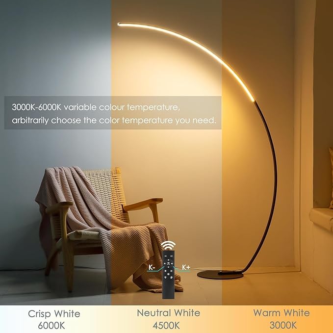 NUÜR Arc Floor Lamp with Remote Control - Modern Standing Bright LED Floor Lamp for Living Room Bedroom Office - Adjustable Color Temperatures and Stepless Dimming - 67" Tall, Black