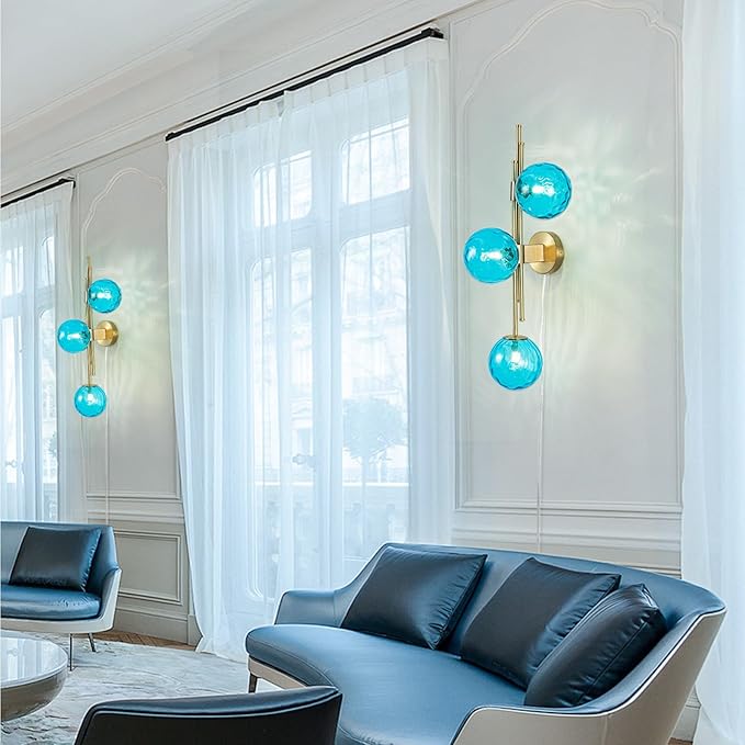 Modern Plug in Wall Sconce with Blue Hammered Glass Shade Gold Wall Light Fixtures for Bedroom Living Room Hallway