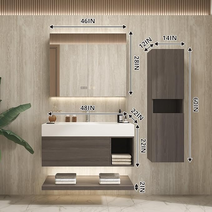 48" Modern Floating Bathroom Vanity Set with Sink, Side Cabinet, LED Smart Mirror Cabinet, Soft-Close Drawer & Open Storage Shelves, Grey Oak