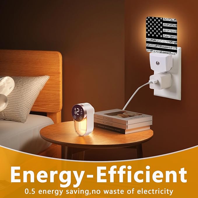 Black White American Flag Night Light, Plug-into USA Flag Nightlight White LED Lamp, Energy Efficient Decor Desk Lamp for Bedroom Hallway Stairs Bathroom