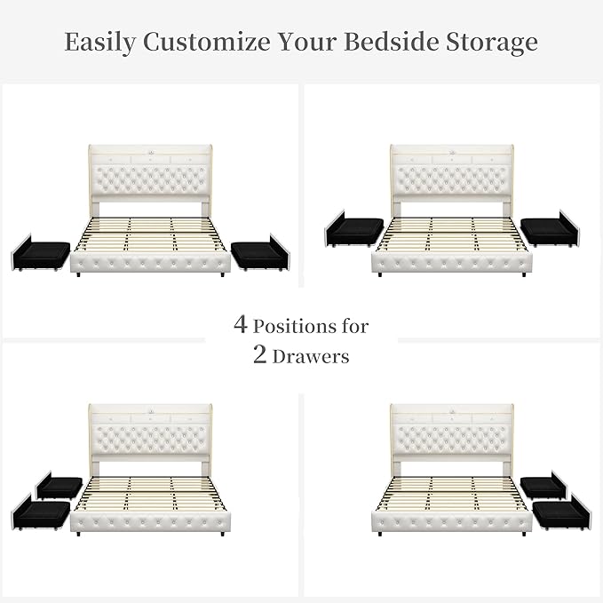 King Led Bed Frame with Galaxy Aurora Star Projector, King Size Platform Bed with 2 Storage Drawers, 52" Diamond Upholstered Headboard with Charging Station, Noise Free, No Box Spring Needed, PU White