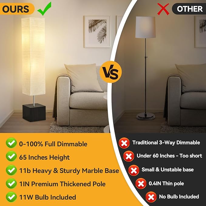 PureBalance Modern Floor Lamp with Solid Wood Base, 65 Inches Tall, Full Dimmable LED, Black and White