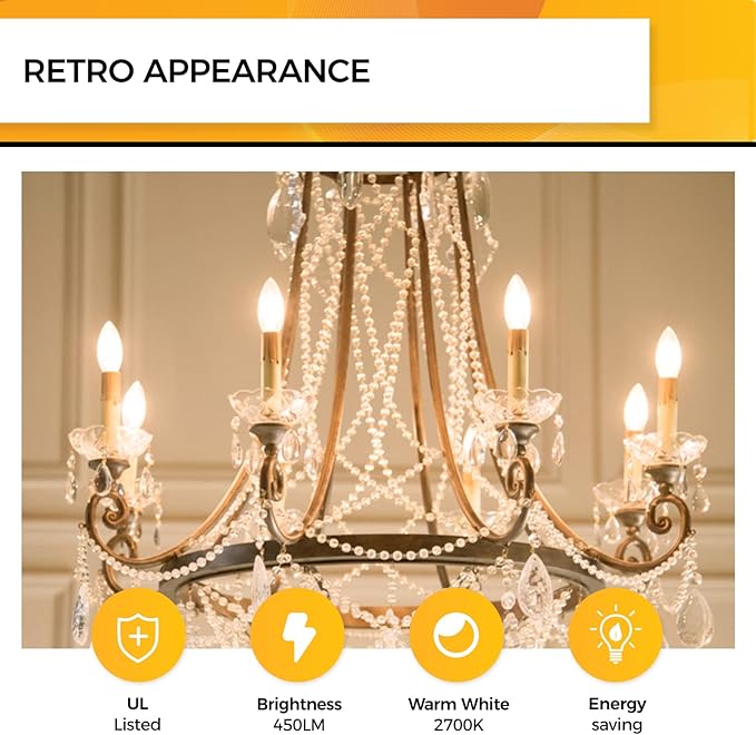 Hizashi E12 Candelabra LED Light Bulb 40 Watt 90+CRI Chandelier Light Bulbs Dimmable, B10 LED Candelabra Bulbs, 4W, 450LM 2700K Soft White, Candle Light Bulbs, UL Listed, 12 Pack