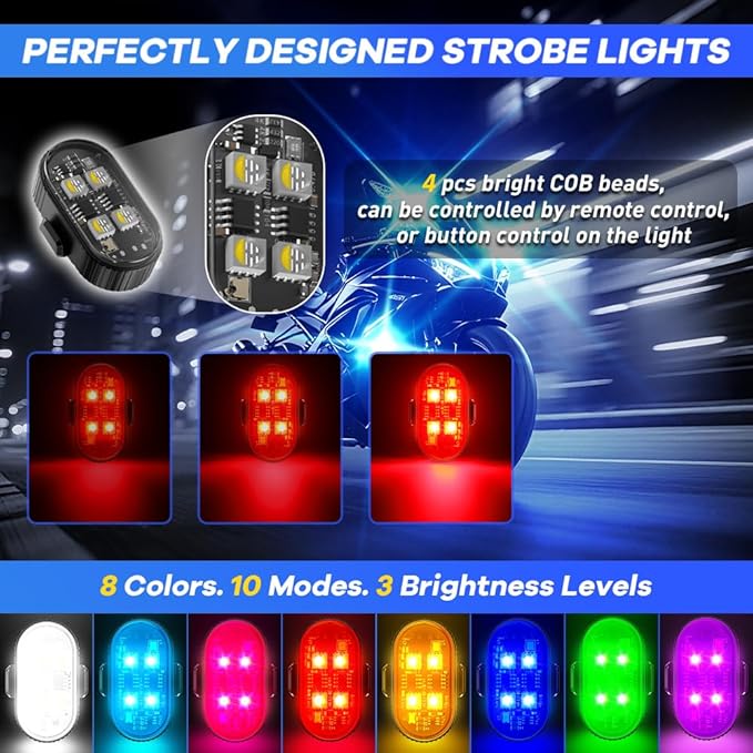 6Pcs Wireless LED Strobe Lights, 8 Colors 10 Kind of Lighting Effects USB Rechargeable Anti-Collision Warning Light, High Brightness LED Strobe Lights for Bike Car Drone Motorcycle Aircraft
