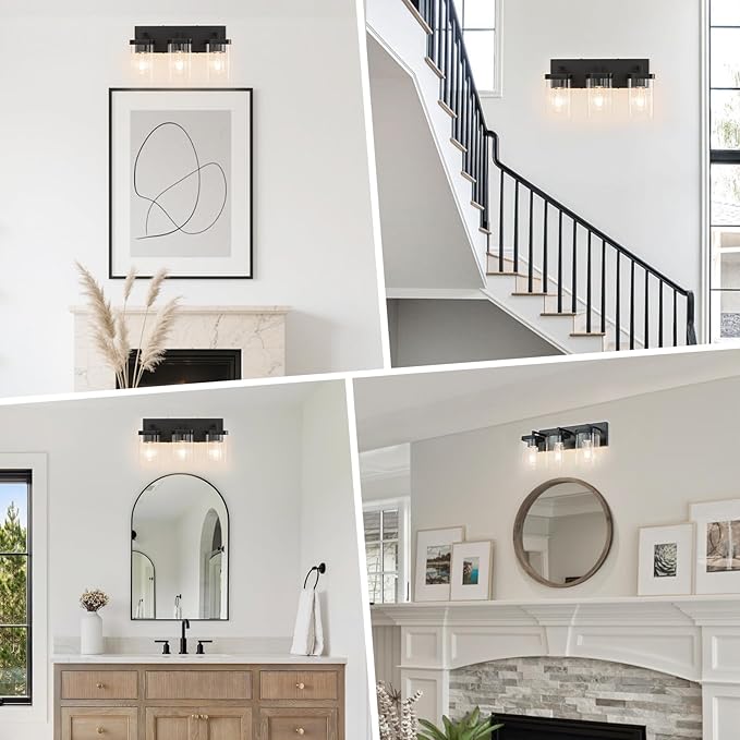 3-Light Bathroom Lighting Fixtures over Mirror, Matte Black Vanity Lights with Square Transparent Glass Shade. Modern Bathroom Vanity Light for Mirror Kitchen, Living Room, Gallery, Hallway