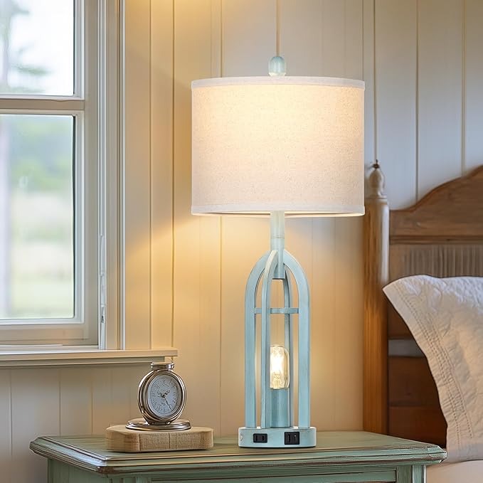 27" Farmhouse Table Lamps for Living Room,Blue Vintage Lamps Set of 2 with USB A+C Charging Ports & AC Outlet, Retro Nightstand Lamp with Fabric Shade for Bedroom, Entryway(4 Bulbs Included)