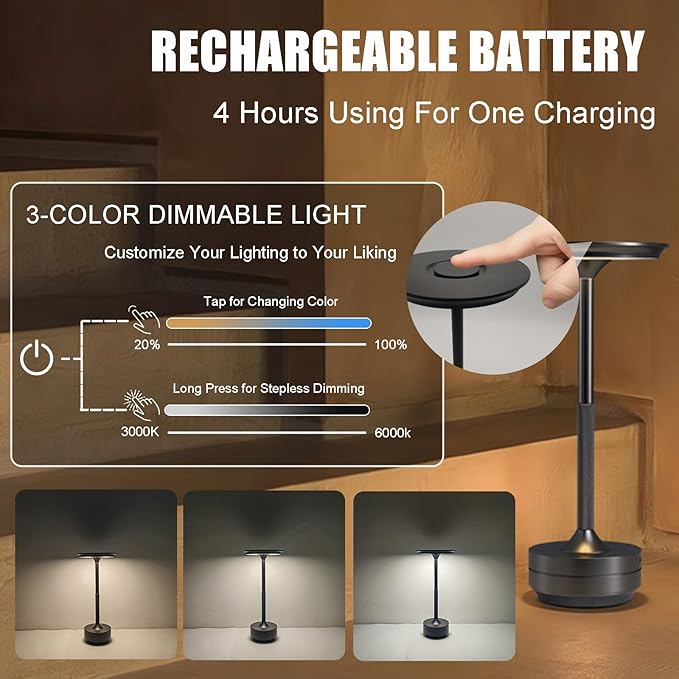 Cordless Rechargeable LED Table Lamp, 11.5 inches Modern Portable Desk Lamps 3 Colors Adjustable Brightness, 2600 mAh Battery Powered Table Light for Bar Restaurant Dining Golden 1Pcs