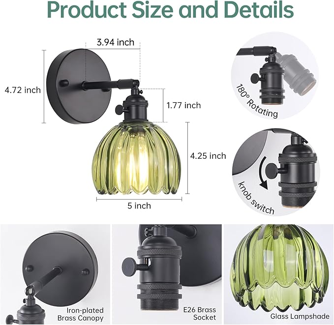 Vintage Wall Sconce with Cute Green Tulip Glass Lampshade 180 Degree Adjustable Black Sconce Hradwired Modern Wall Lighting Fixture with Switch for Bedside Bedroom Doorway