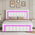 HOMBCK Queen Bed Frame with LED Lights and Velvet Upholstered Headboard, Bed Frame Queen Size with Modern Diamond Headboard Adjustable, Wooden Slats Support, Noise Free, No Box Spring Needed, White