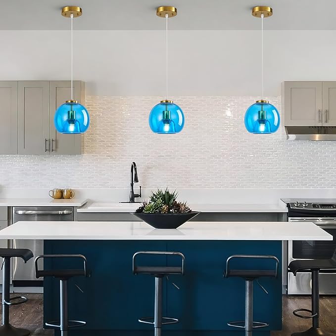 Blue Glass Pendant Lights Kitchen Island Gold Hanging Light Fixture Glass Globe Pendant Light Modern Pendant Lighting for Kitchen Island Bedroom Dining Room (7.87", 1 Pack)