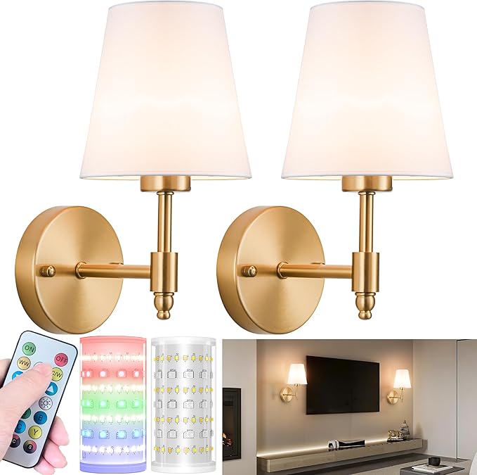 Battery Operated Wall Sconces Set of Two, Wireless Battery Wall Light with 10000mAh RGB Dimmable Magnetic Bulb and Remote, Rechargeable Sconce Wall Decor for Bedroom Living Room Hallway