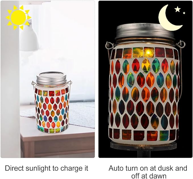Happyyami Solar Mosaic Garden Lantern Outdoor Solar Table Lamp for Patio Lawn Hanging Decorative Jar