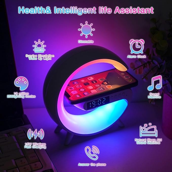 Mini Wireless Speaker with Bluetooth Lamp, Atmosphere Lamp, Wireless Charging, Alarm Clock,Smart LED Table Lamp, Night Light, Birthday Gifts for Girls Boys Party Aged 4-12 (Black)