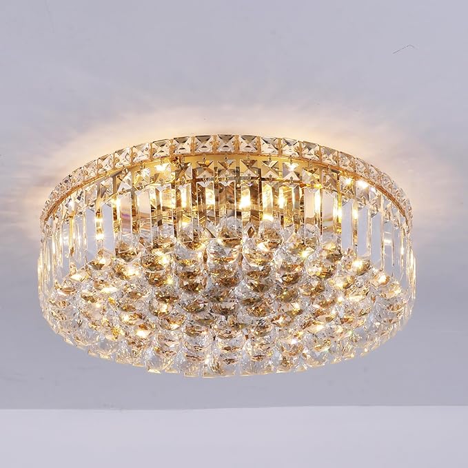 6-Lights Gold Crystal Flush Mount Chandelier Light Fixture K9 Crystals Modern Ceiling Lights Elegant Pendant Lamp for Bedroom,Hallway,Bar,Living Room,Dining Room,H5.9 xW20 (Bulbs Not Included)