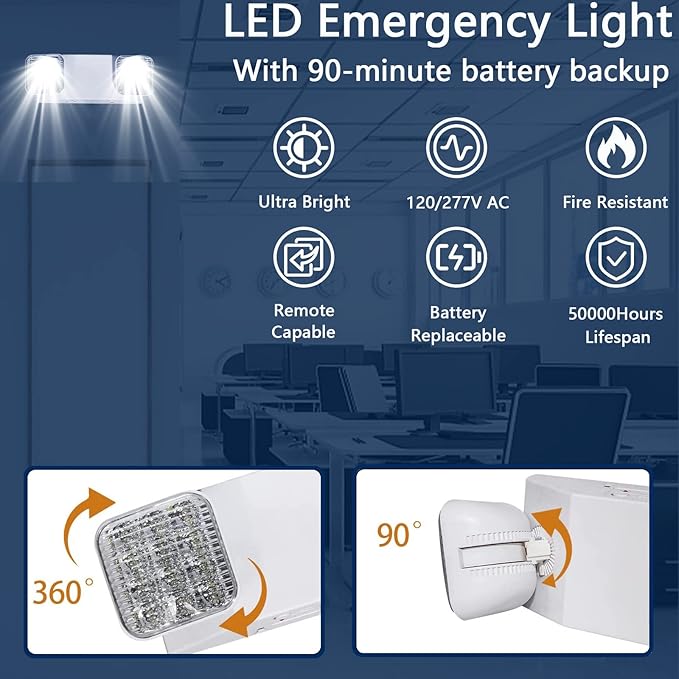 LED Emergency Lights with Battery Backup, Two Adjustable Heads Hardwired Commercial LED Exit Light, Domestic Power Outage Emergency Lighting Fixtures, AC 120/277V UL 924 Certified (8 Pack)