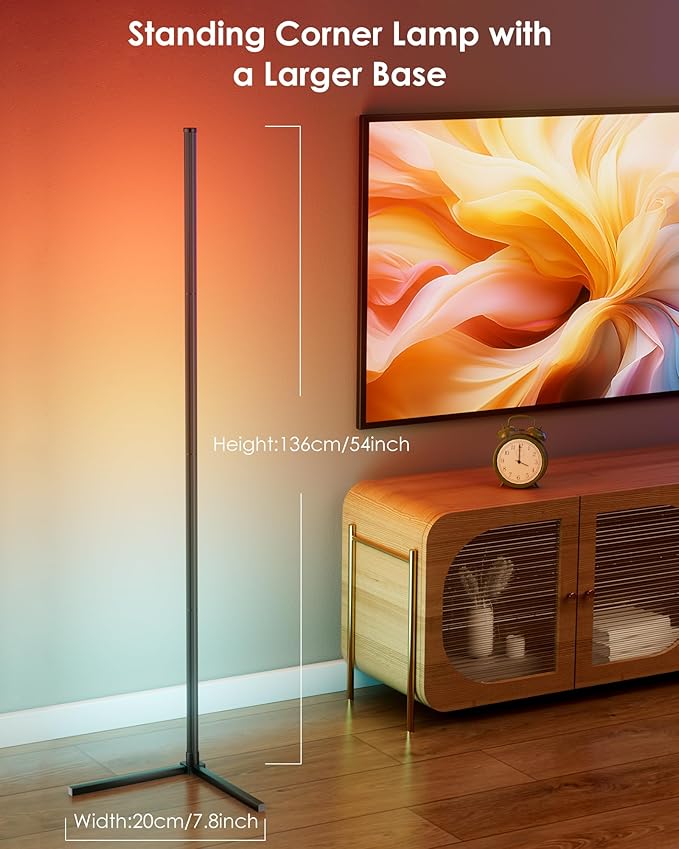 RGB Corner Floor Lamp, 65" Color Changing Modern Corner Lamp with APP Control, Modern LED Lamp with 16 Million Colors & Music Sync for Living Rooms, Bedrooms, and Gaming Rooms