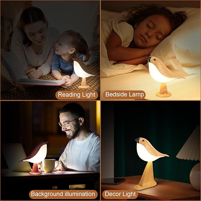 VoMii Small Bird Table Lamp with Timer, Touch & Remote Control & 3-Color Dimmable, Bedside Lamp, Rechargeable Battery, Cold/Warm Night Light, Portable Cute Lamp for Bedroom, Home Decor