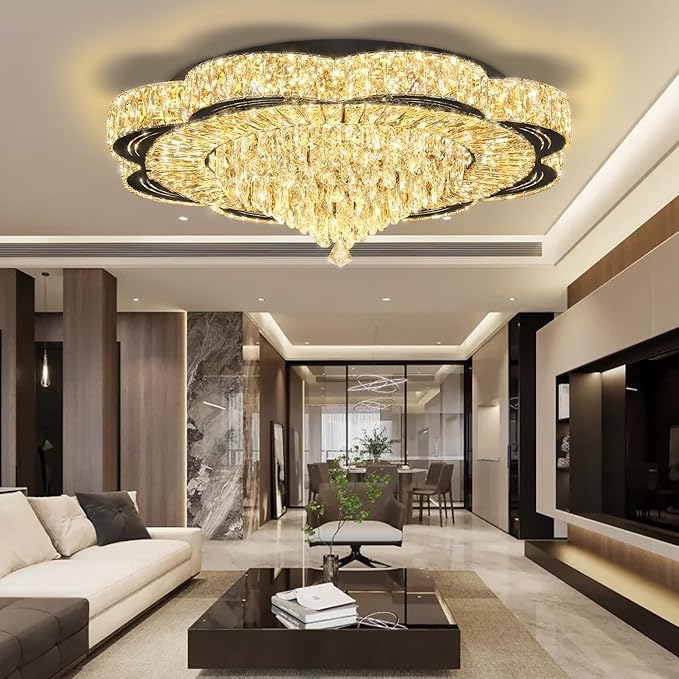 Modern 32inch Empire Crystal Chandelier Black Crystal Raindrop Ceiling Light for Living Room Bedroom LED Infinity Dimmable 3000-6000K