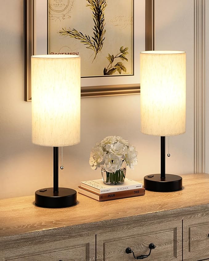 Fenmzee Plus Bedside Table Lamps Set of 2-3 Color Temperatures Pull Chain Lamp with AC Outlet Charging Port, Round Night Stand Lamps for Bedroom Guest Room Office, Bed Side Light with E26 LED Bulbs
