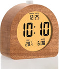 Plumeet Wooden Digital Alarm Clock for Bedrooms, Wood 4'' Battery Powered Alarm Clock with Snooze and Nightlight, Electronic LCD Desk Clock Display Time, Date, Temp, 12/24H, Wood Décor, Round, Sapele