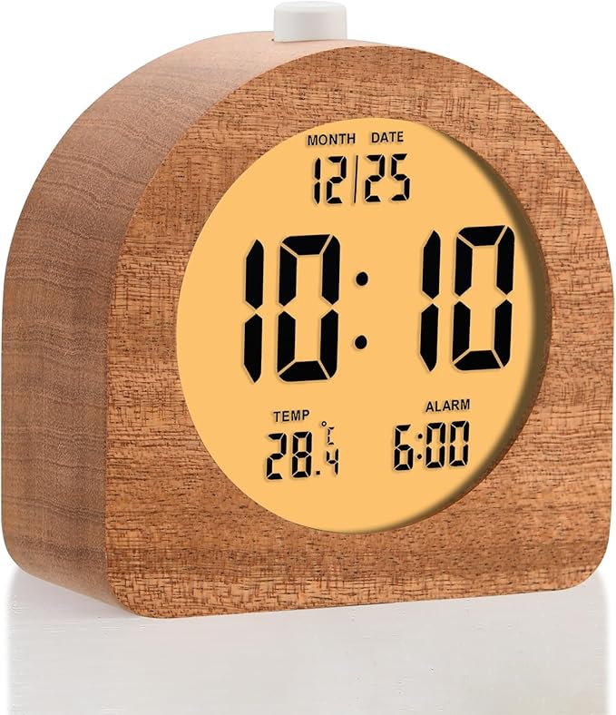 Plumeet Wooden Digital Alarm Clock for Bedrooms, Wood 4'' Battery Powered Alarm Clock with Snooze and Nightlight, Electronic LCD Desk Clock Display Time, Date, Temp, 12/24H, Wood Décor, Round, Sapele