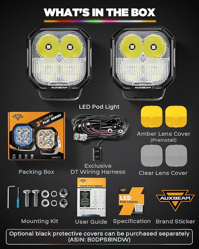 Auxbeam RGB Color Changing 3" LED Pods 116W Off-Road Lights 7+1 Ambient Backlight Gradient Cycle Accent Lighting, Spot Flood Combo, Amber White Lens Covers, Color Play Series