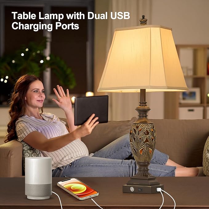 29.5"H Touch Traditional Table Lamp Set of 2,Vintage Bedside Nightstand Lamps with Dual USB and Night Light, 3-Color Hollow Out Leafwork Bronze Gold Finish Desk Lamps for Living Room,Bedroom