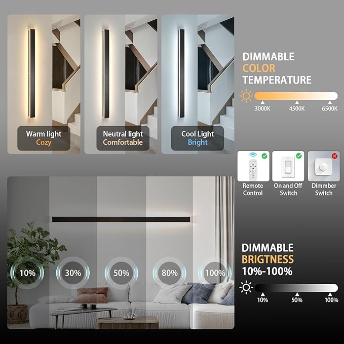 Long Outdoor Modern LED Wall Light,59inch Dimmable IP65 Waterproof Black Outdoor Porch Lights Wall Mount Lighting Fixture,Exterior Rectangular Sconce Lights for House,Corridor,Front Door
