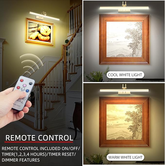 Picture Light,Picture Lights for Wall Cordless,20" Picture Lights with Timer and Dimmable,Battery Wall Lights for Display Gallery Painting Art Frame Portrait-Plated Gold 2Color