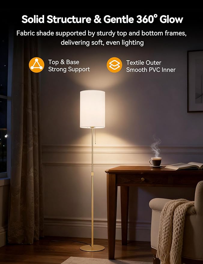 Tubicen Gold Floor Lamp 61" Tall Lamp with Pull Chain Switch Fabric Shade Adjustable Height Dimmable Mid Century Modern Plug in Standing Floor Lamps for Living Room Bedroom Office E26 Base