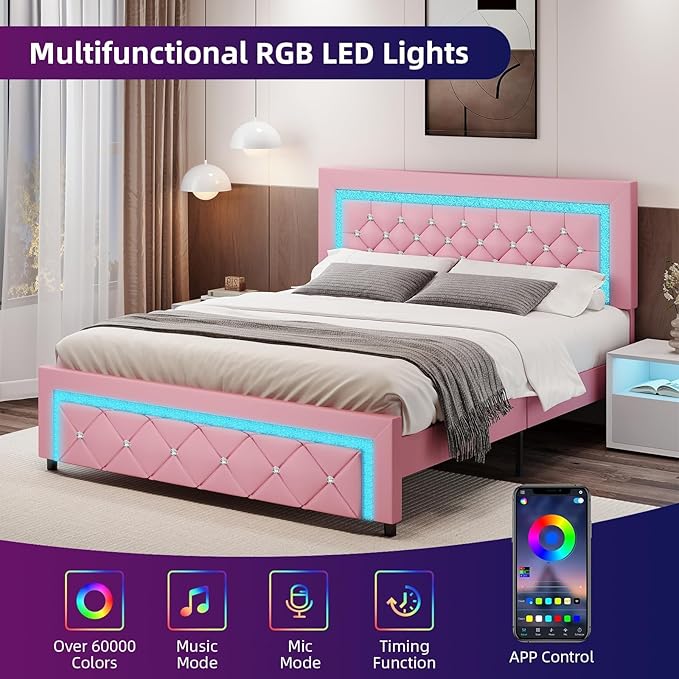Full Bed Frames with LED Lights, Upholstered Platform Bed with Diamond Tufted Headboard, No Box Spring Needed, Noise Free, Easy Assembly, Pink