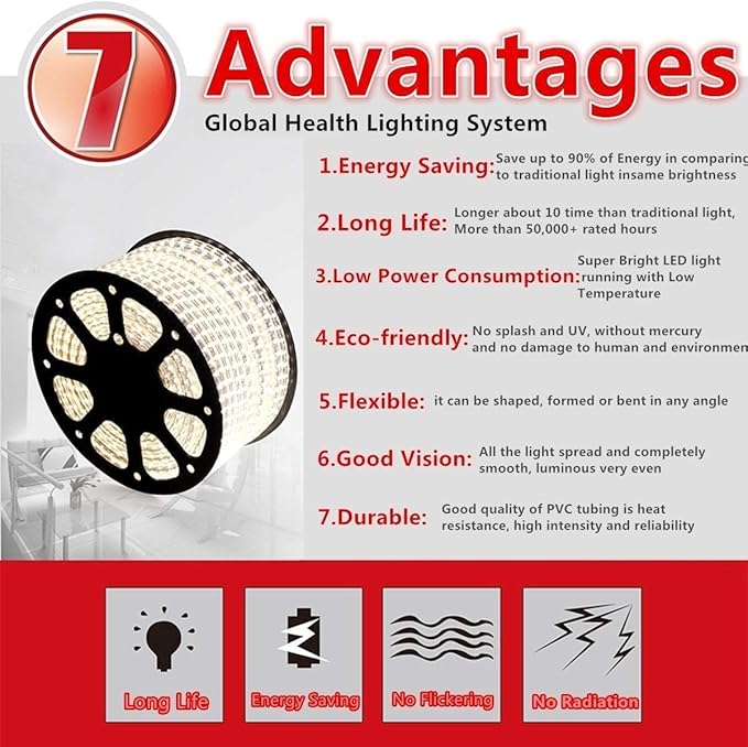 5050-60 Type AC 110-120V RGB LED Strip Lights, Flexible/Waterproof/Dimmable/Multi-Colors/Multi-Modes LED Rope Light + 24 Keys Remote for Home/Garden/Building Decoration (65.6ft/20m, RGB)