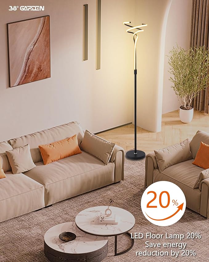 LED Floor Lamp Remote Control, 67'' Modern Spiral Floor Lamps for Living Room 3 Color Temperature 40W Black Dimmable Tall Standing Light Arched Bright Unique Indoor Corner Lamps