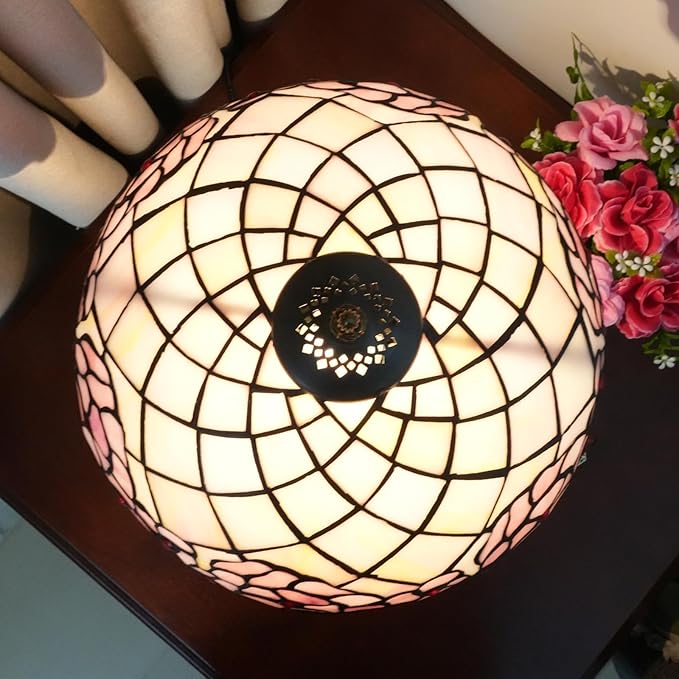 Tiffany Lamp - Cherry Blossom Stained Glass Table Lamp 12x12x18 Inches - Cherry Blossom Style Desk Reading Light - Bedroom & Living Room Decor
