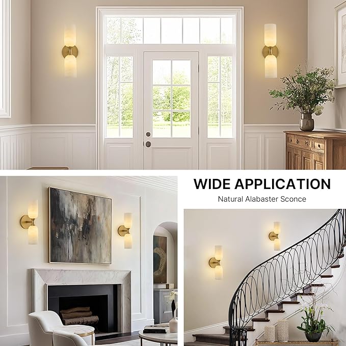 Vintage Alabaster Brass Wall Sconce: Set of 2 Antique Spanish Natural Marble Modern Vanity Wall Lights - 14" Brushed Gold Vanity Light - Indoor Sconces for Bathroom Stair Hallway Bedroom Living Room