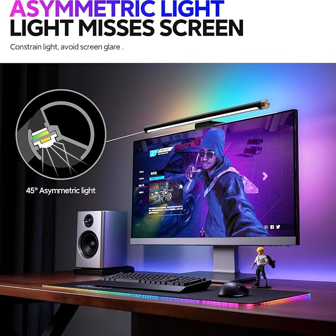 LYMAX Monitor Light Bar with RGB Backlight, Computer Light Bar for Eye Caring and USB Powered LED Desk Lamp 17.7 inch with Dimming Memory for Desktop, Space Saving for Gaming Home & Office