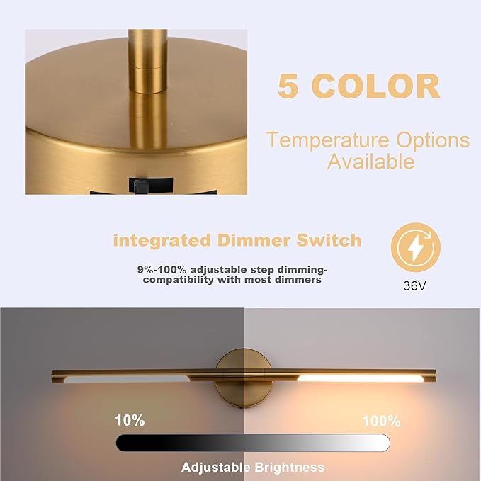 BONLICHT Brushed Brass Vanity Lights 36 Inch Gold Bathroom Light Fixtures 5CCT Dimmable Vanity Light Bar 20W 350°Rotatable LED Bathroom Lighting Over Mirror Modern Wall Sconce for Hallway Powder Room