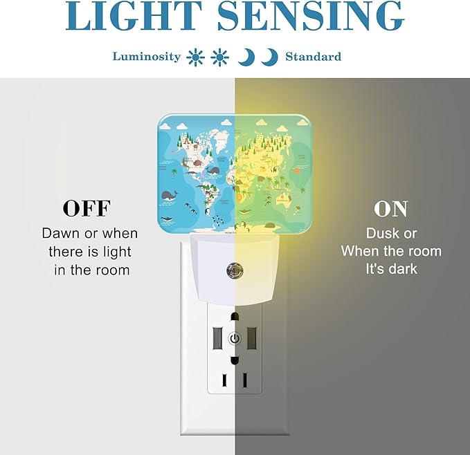 Cute Animal World Map Night Light for Kids Girls Boys, Cartoon World Map LED Night Light Plug into Wall with Dusk to Dawn Sensor for Room, Hallway, Kitchen, Bathroom, Stairs Decor